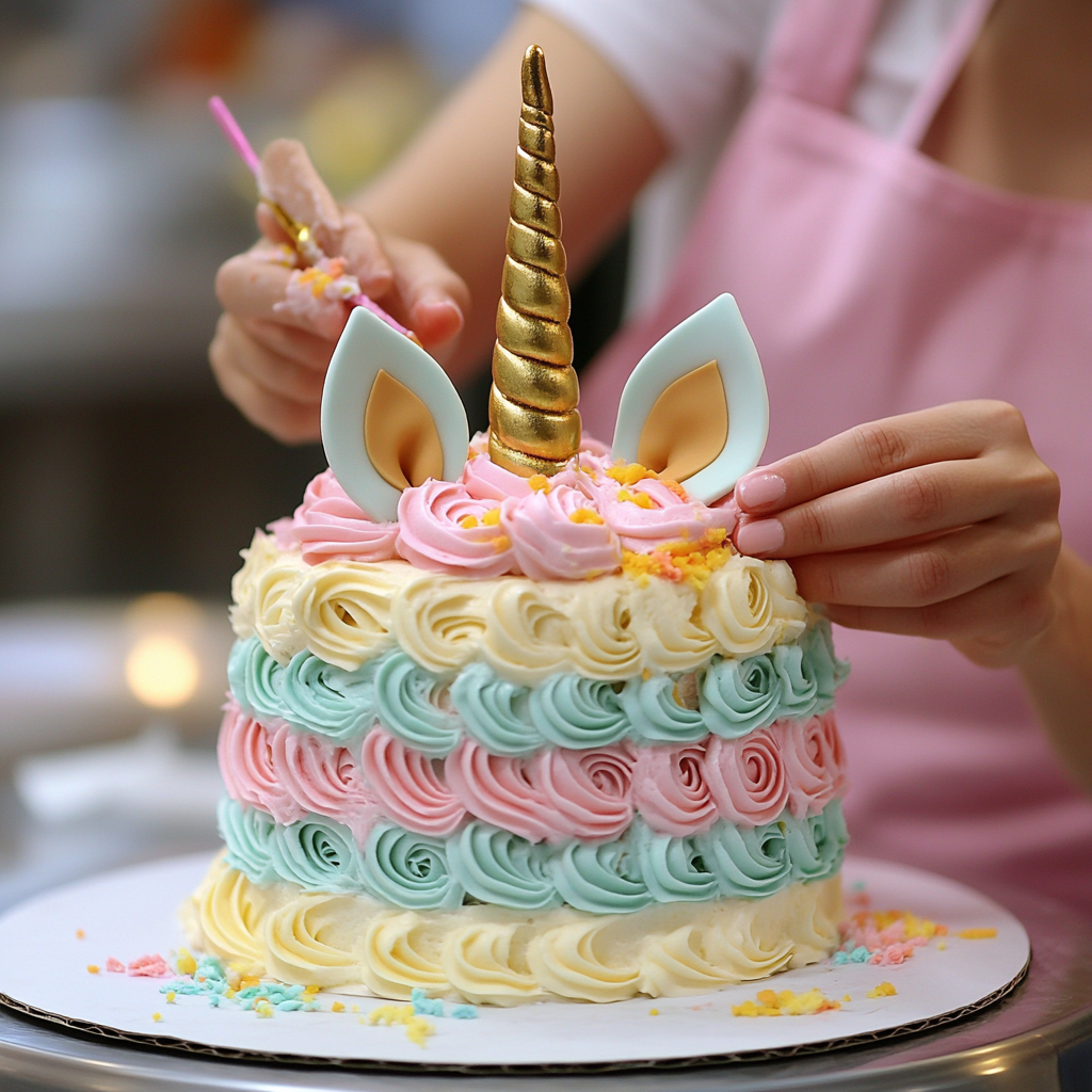 Baker decorating a unicorn cake with pastel frosting swirls, a golden horn, and fondant ears.