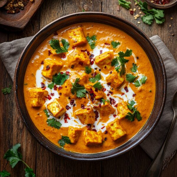 Creamy pumpkin paneer with puree served in a bowl with garnishes