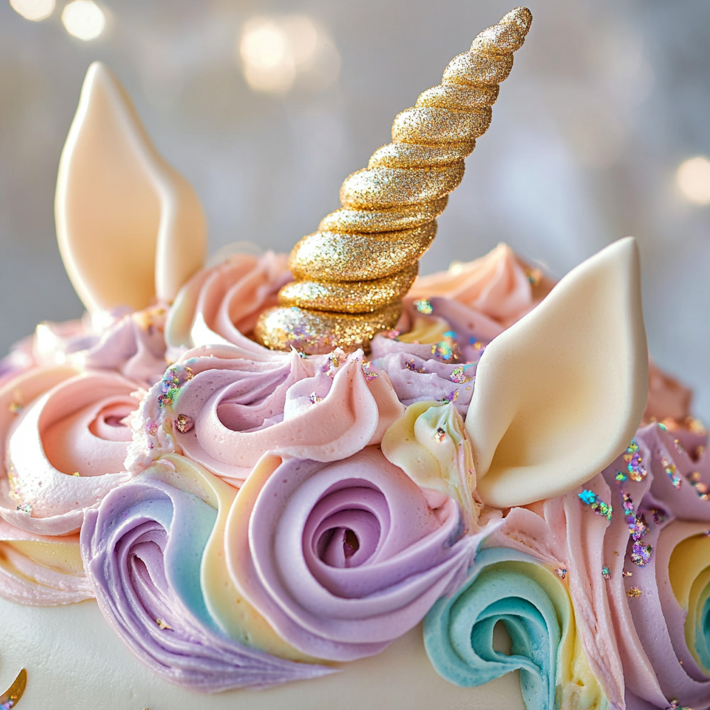 Unicorn cake with pastel frosting, golden horn, and edible glitter on a white background.