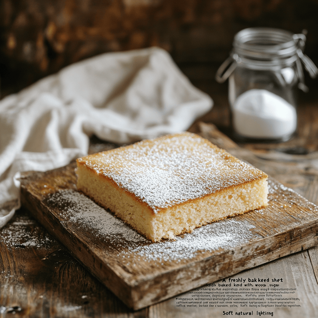Freshly baked fluffy easy kefir sheet cake with powdered sugar on top.