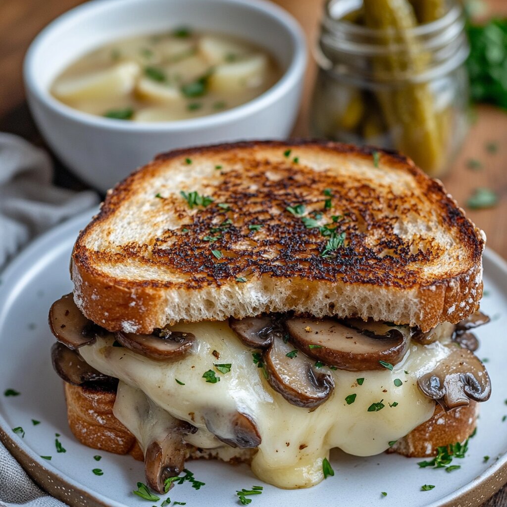 Grilled mushroom and cheese sandwich with soup in the background