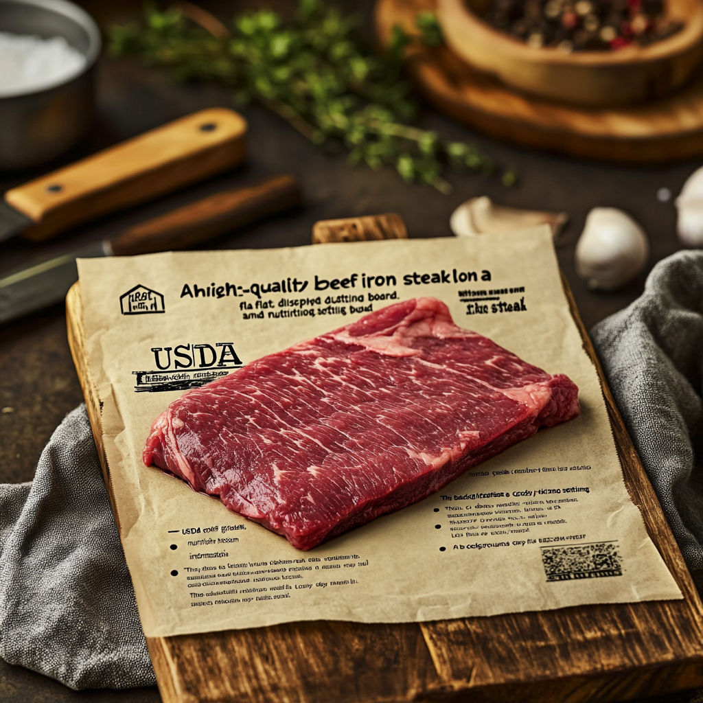 Beef loin flat iron steak with label on a cutting board.