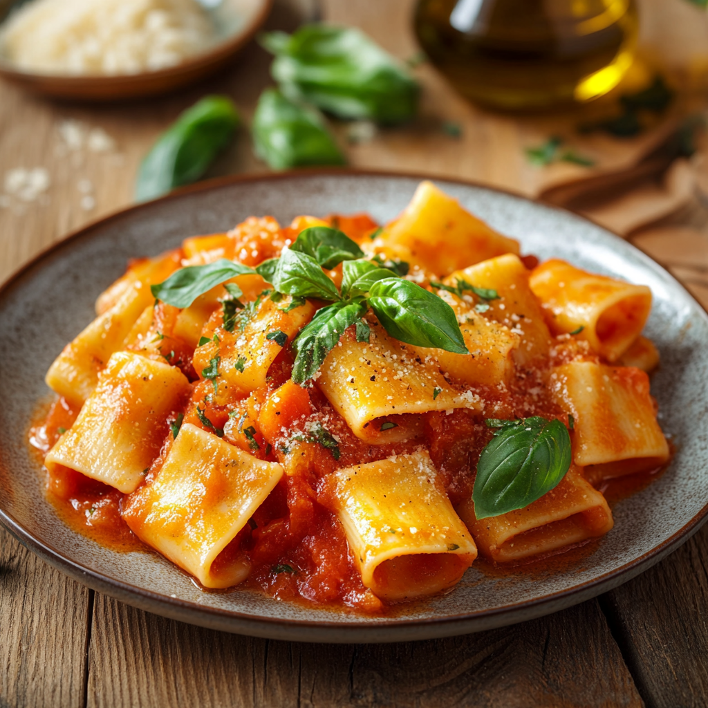 A bowl of Trafile Paccheri with tomato and basil sauce.