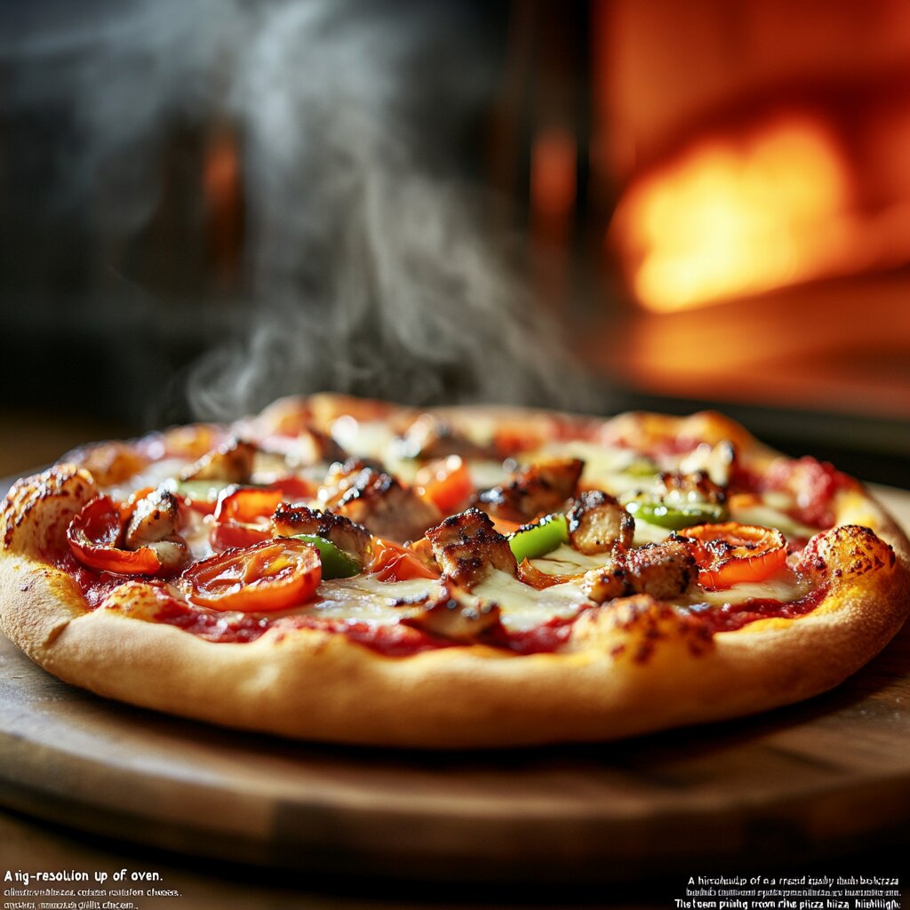 Hot pizza with melty cheese and toppings fresh out of the oven.
