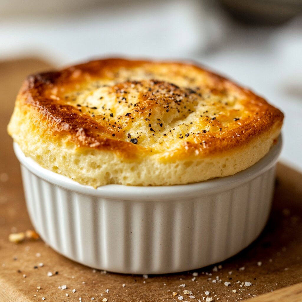 A perfectly baked black pepper and parmesan soufflé in a ramekin with golden crust.