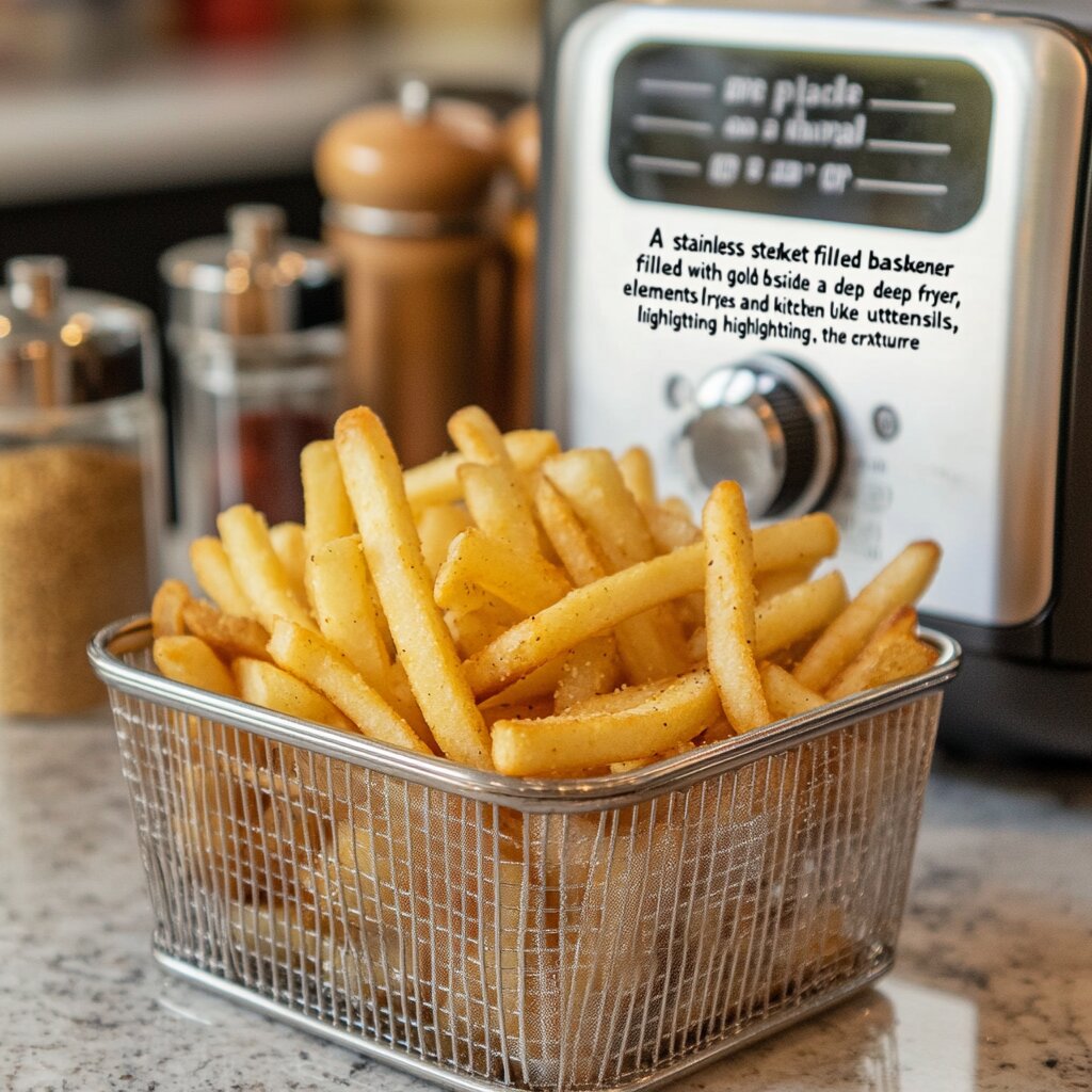 A stainless steel fryer basket holding crispy golden fries, placed next to a deep fryer in a home kitchen.