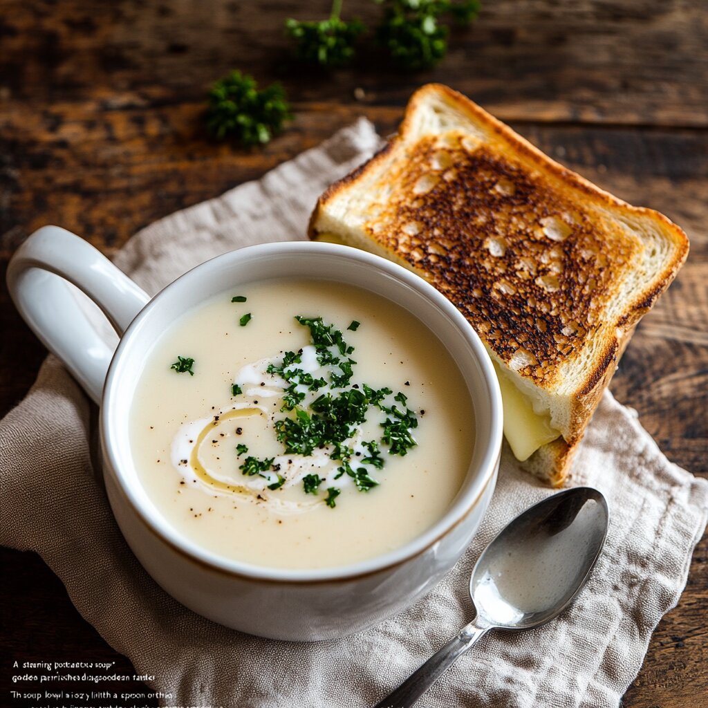 Creamy potato soup with a grilled cheese sandwich on a wooden table