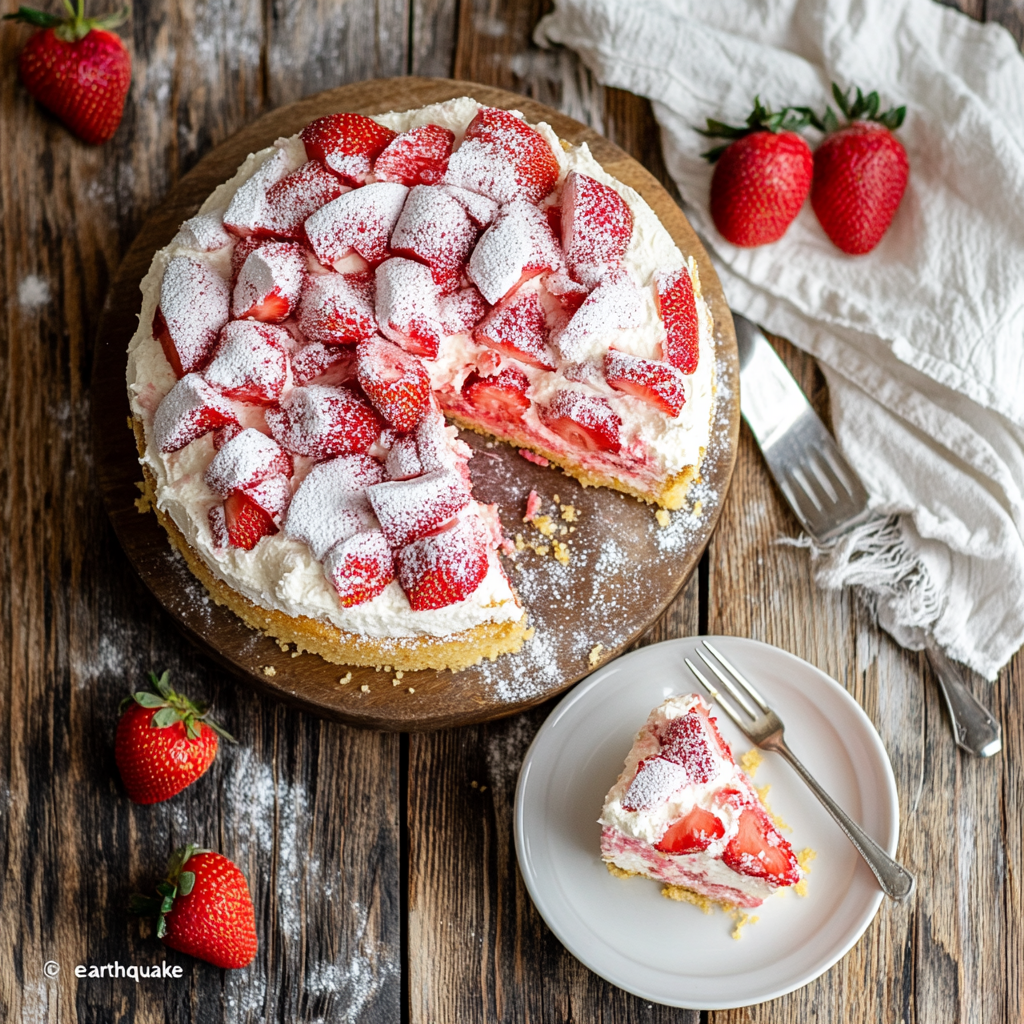 Strawberry Earthquake Cake with cream cheese swirls and fresh strawberries on a wooden table.
