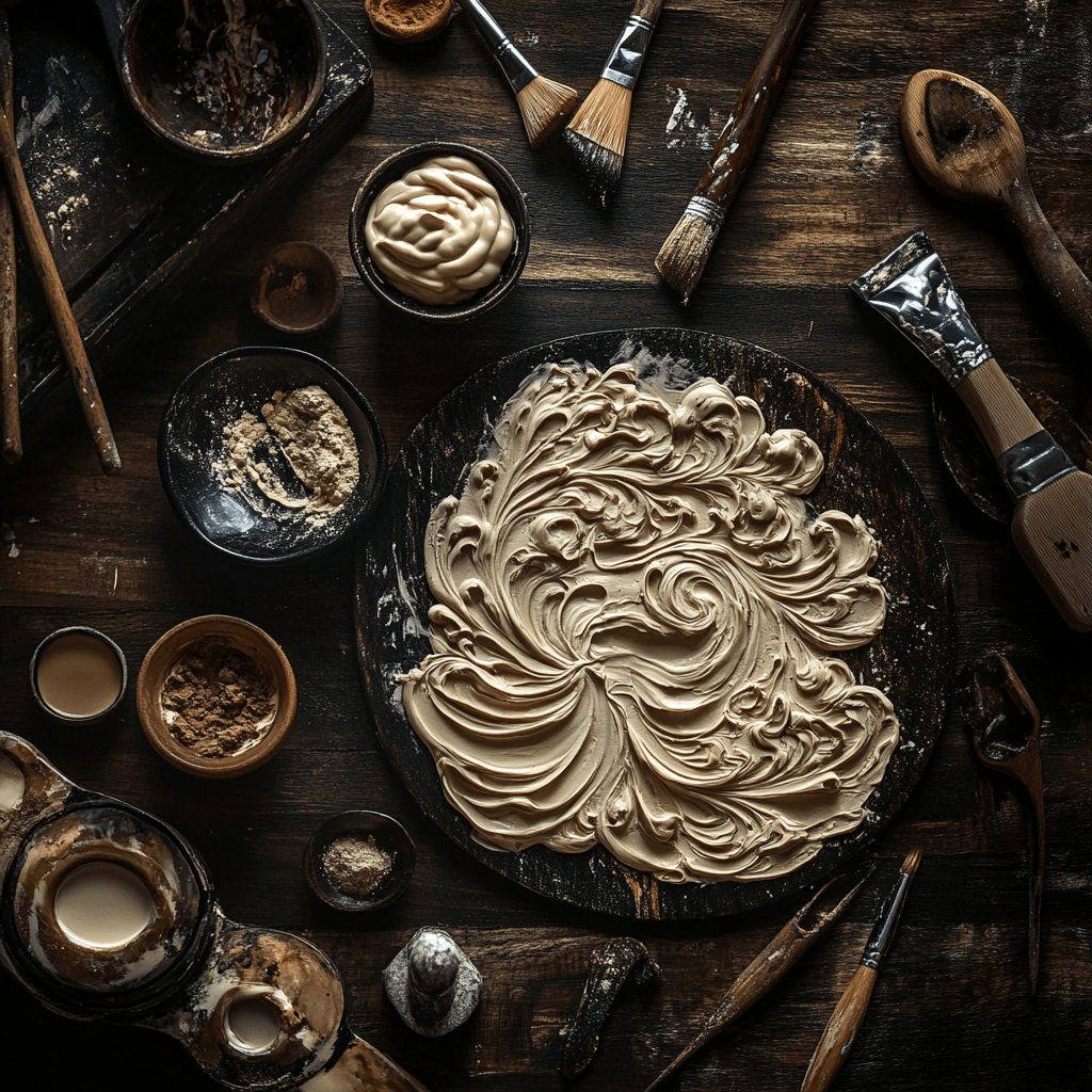 A detailed art piece made with mayonnaise on a wooden table, surrounded by brushes and bowls of pigments under soft lighting.