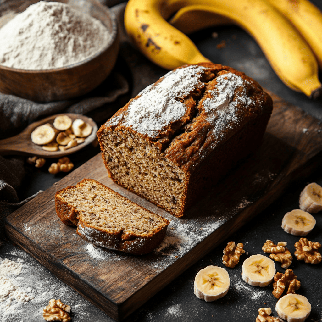 Freshly baked banana bread with ripe bananas and walnuts on a wooden cutting board.