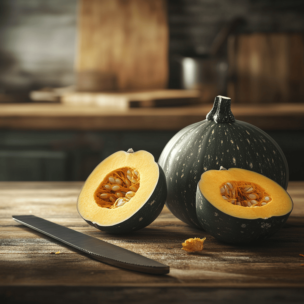 Whole and halved kabocha squash on a wooden table, showcasing its vibrant orange flesh.