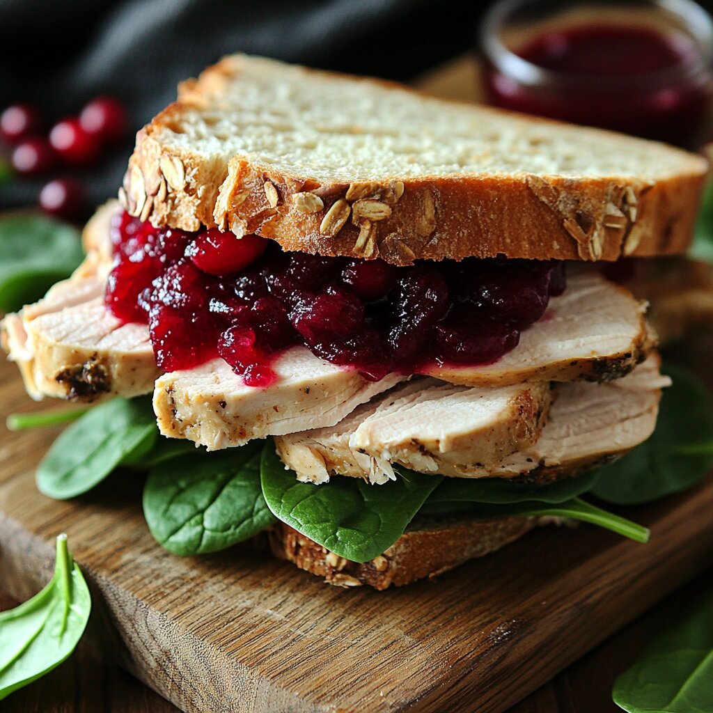 Turkey cranberry sandwich with spinach on a cutting board
