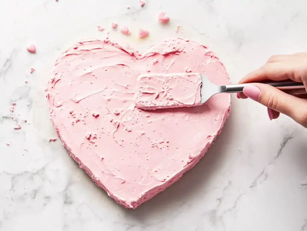 Frosting a heart shape cake with pink buttercream