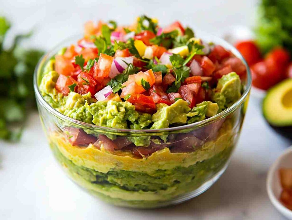 Layering guacamole for seven layer dip in a trifle dish.