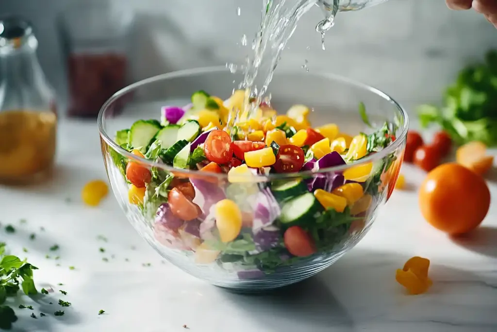 Tossing the golden glow salad in a large bowl.