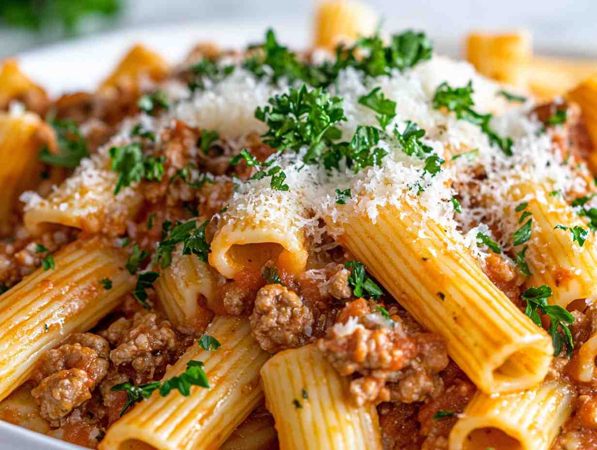 Delicious plate of rigatoni alla grassa (no pork).