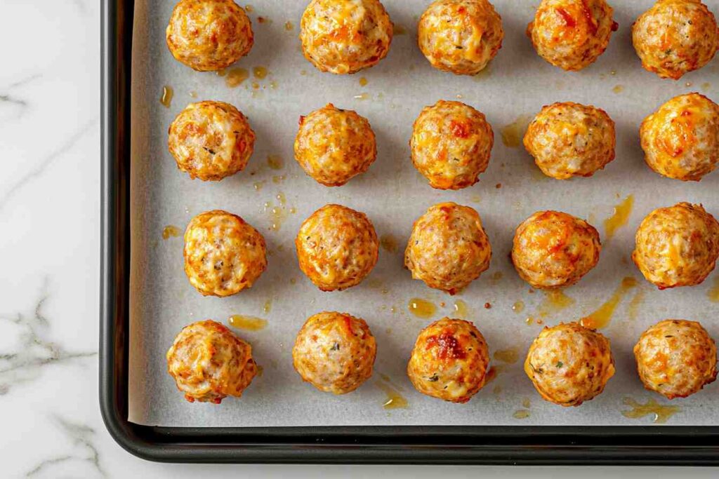 A full baking sheet of rotel cream cheese sausage balls ready to be served.