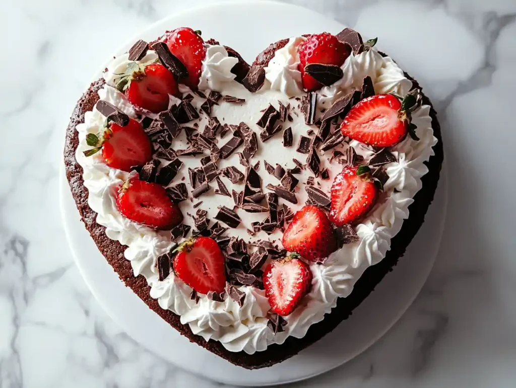 Decorated heart shape cake with strawberries and chocolate.