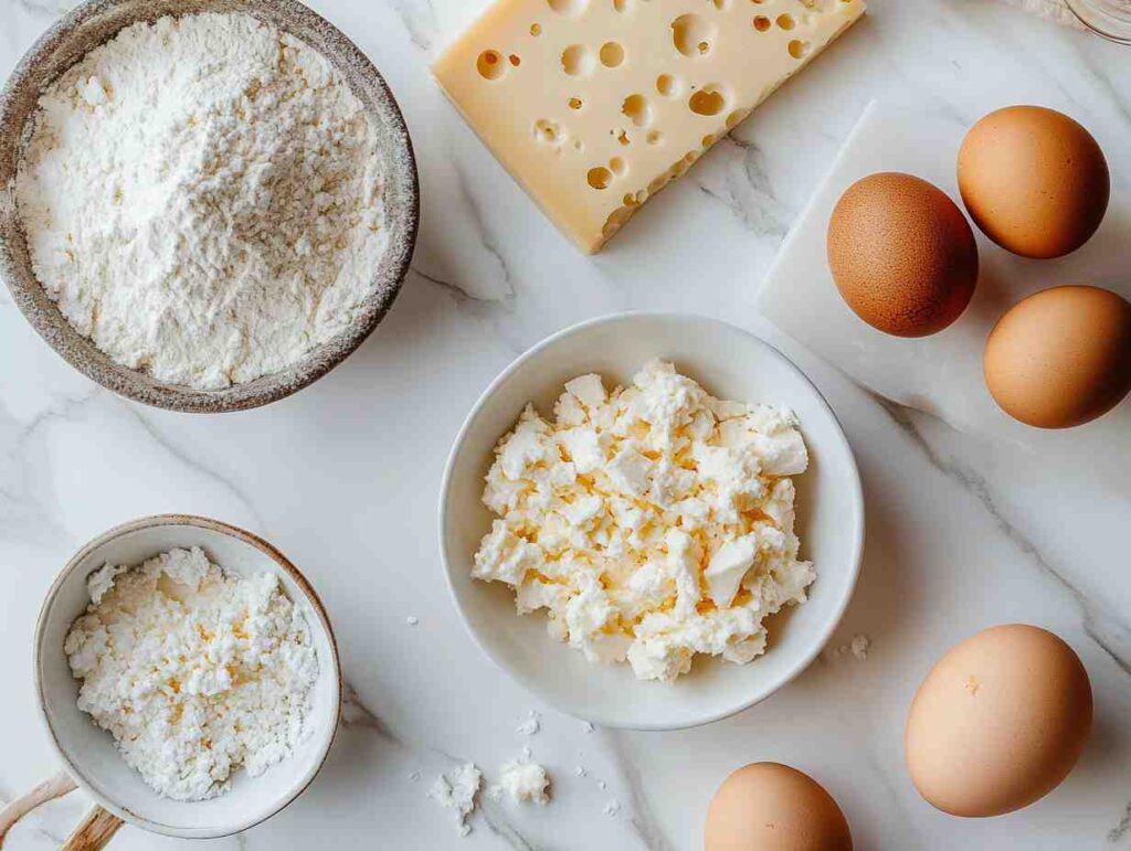 Variety of Cheeses and Eggs on White Marble.