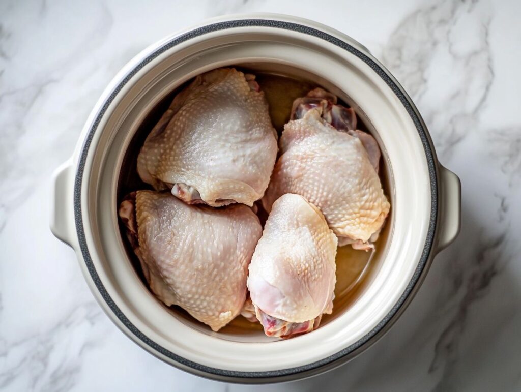 Raw chicken in a crockpot.