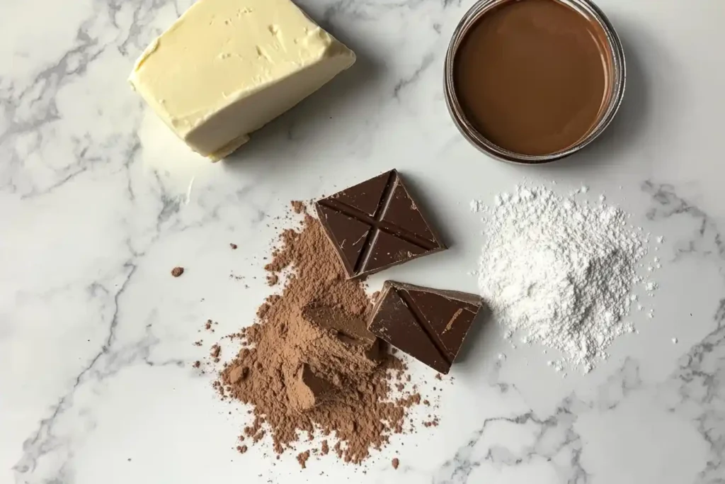  Ingredients for homemade chocolate cheese on white marble.