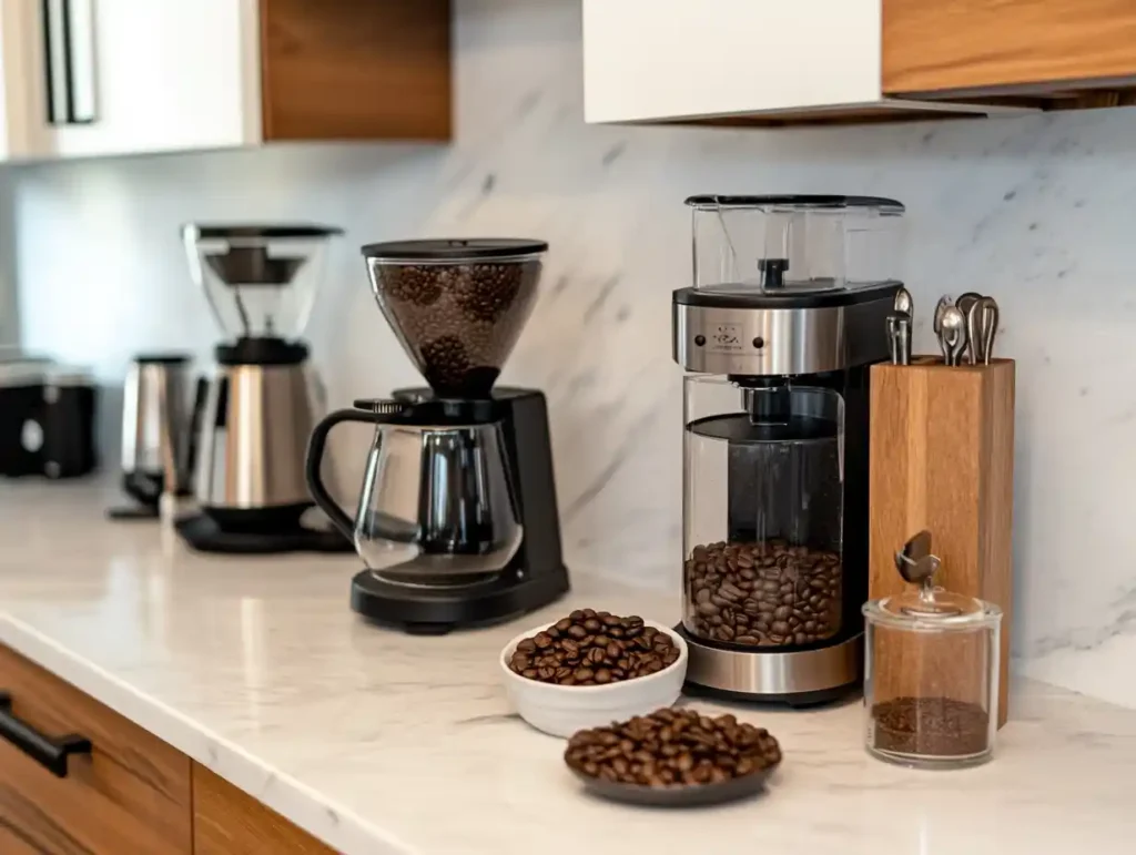 Coffee brewing setup with whole beans.