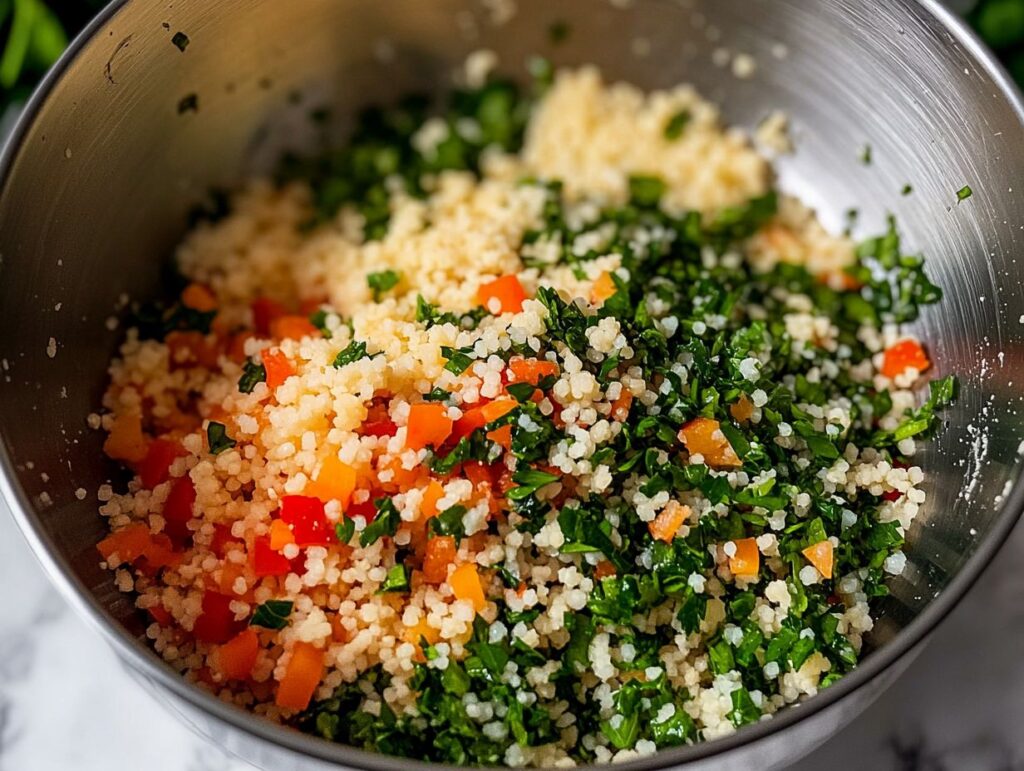 Mixing bulgur salad ingredients in a bowl.