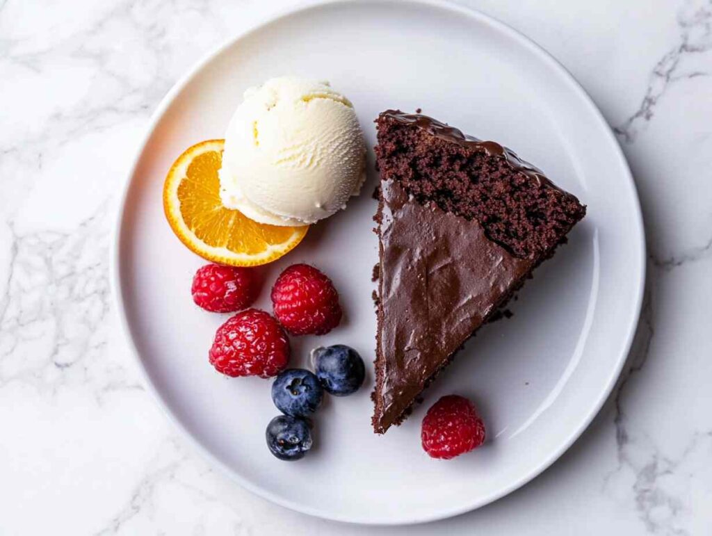 Prolific oven chocolate orange almond cake served with ice cream and berries.