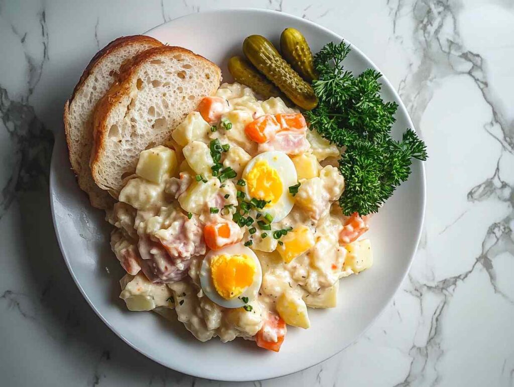 Plate of classic potato salad with egg and carrot