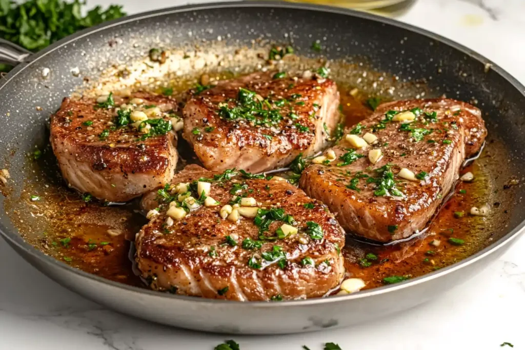 Pan-searing loup de mer fillets on white marble.