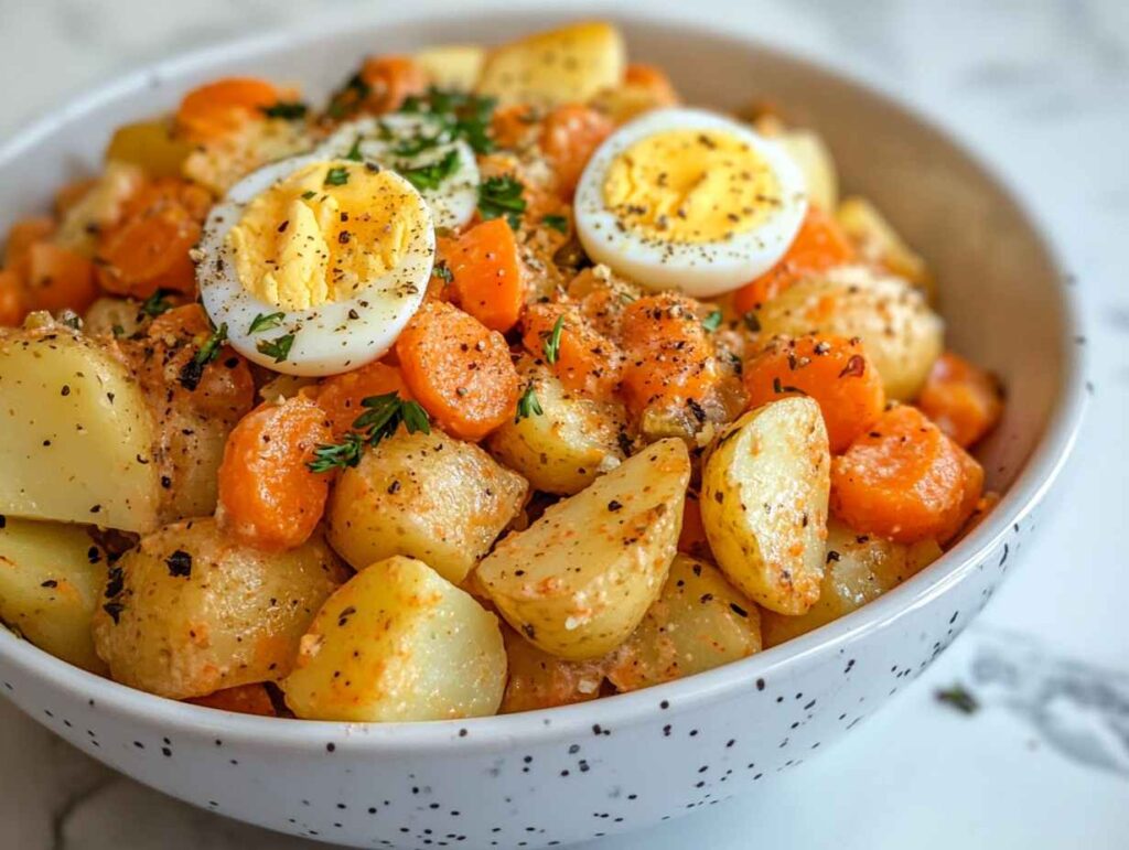 Classic potato salad with egg and carrot in a white bowl.