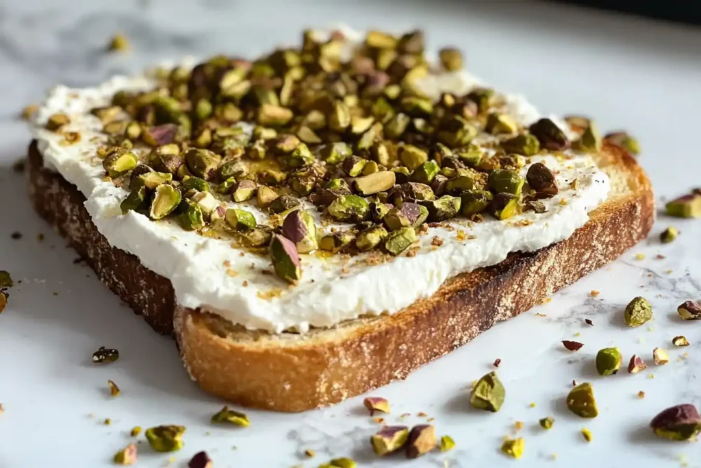 Preparing the goat cheese and pistachio bruschetta on white marble.