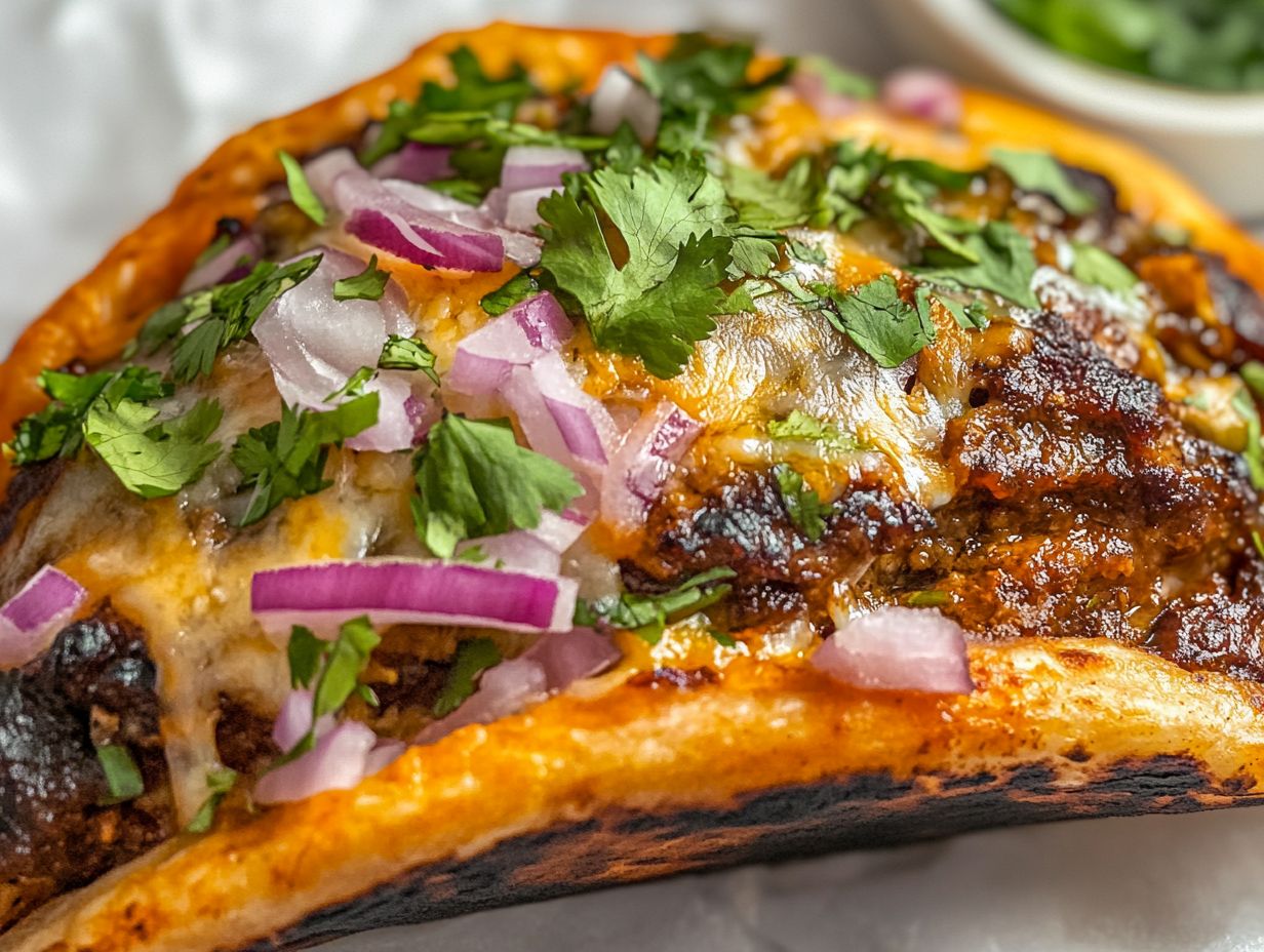 Close-up of a birria bomb taco with melted cheese.