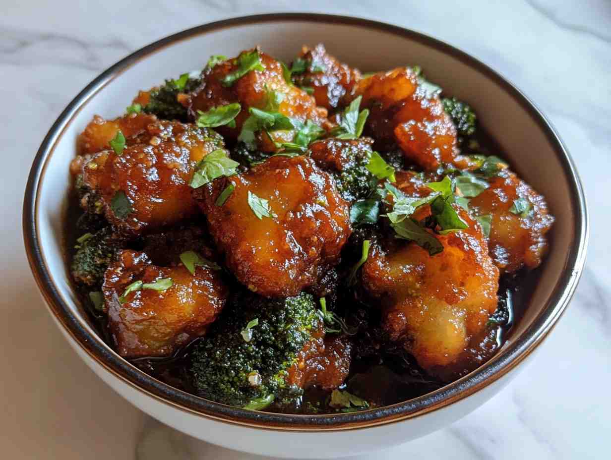 Bowl of flavorful broccoli manchurian.