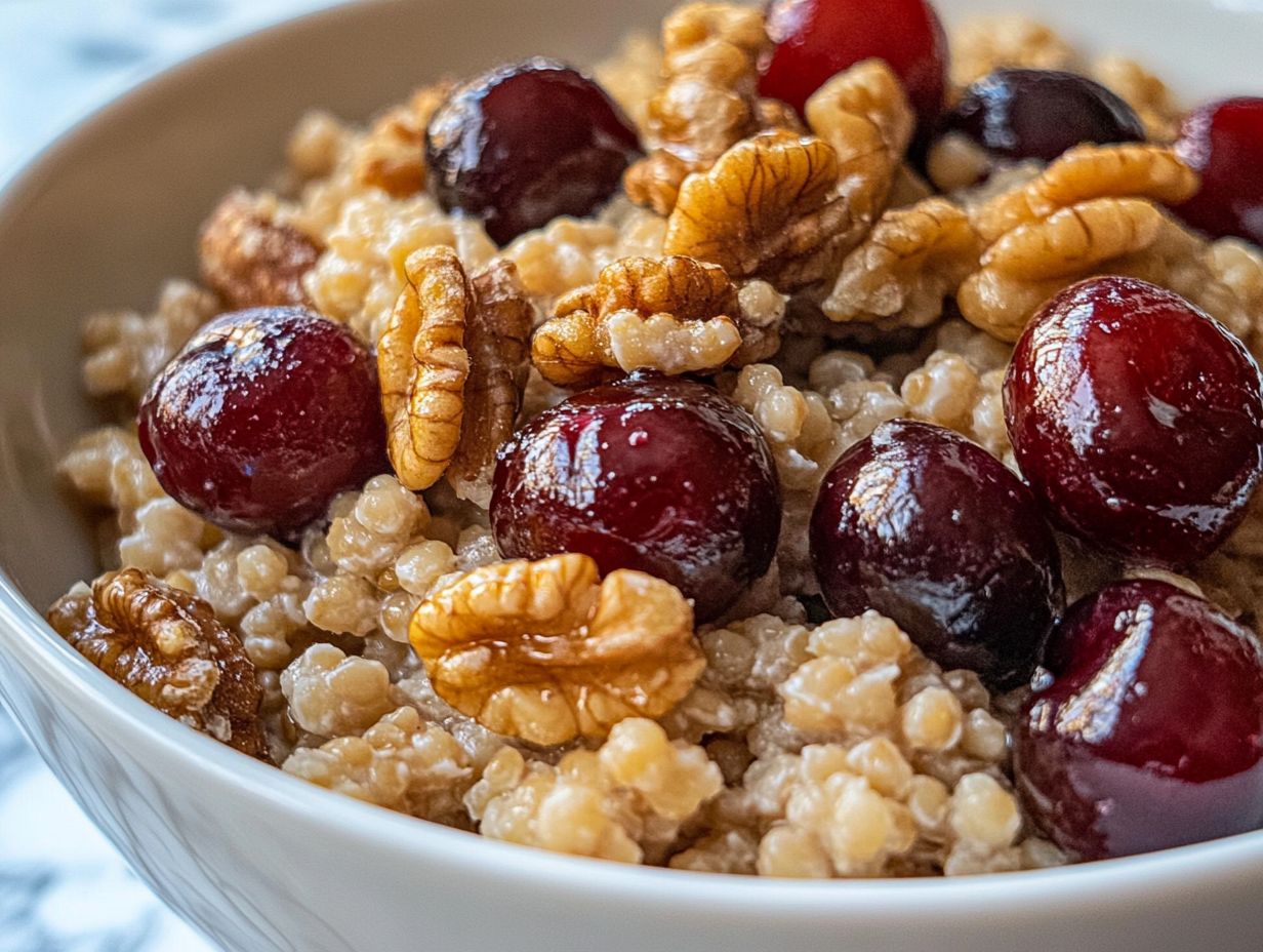 Fresh bulgur cherry walnut salad in a white bowl.