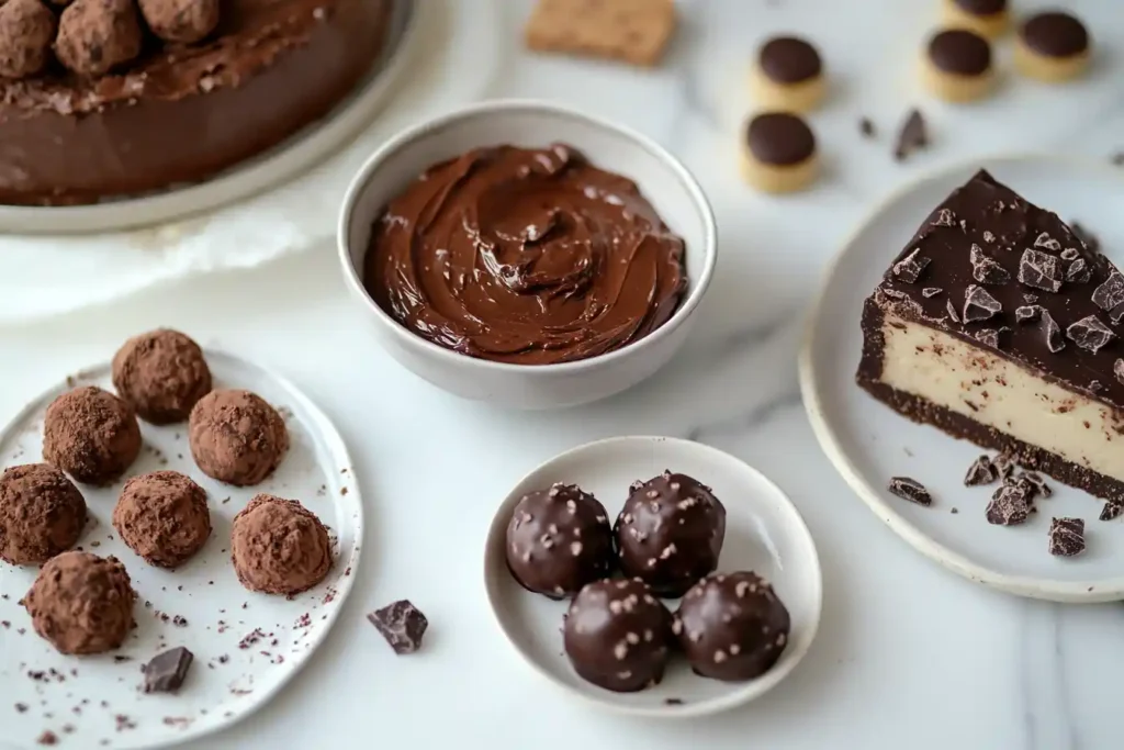 Assortment of chocolate cheese items on white marble.