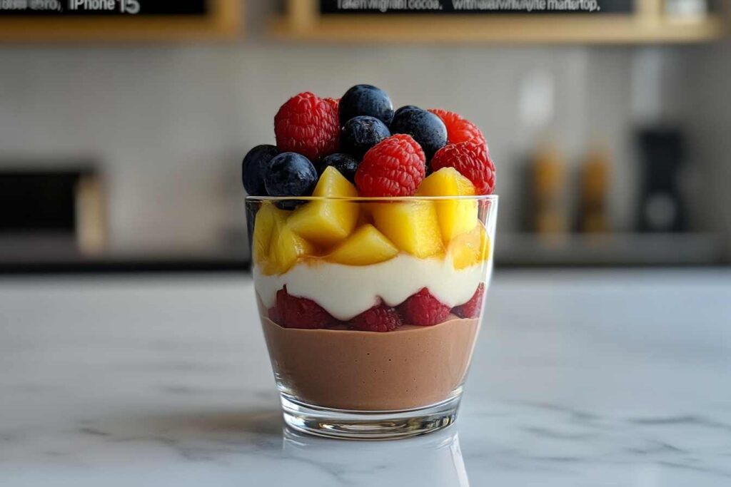 Creamy cocoa fruit cup in a glass on white marble.