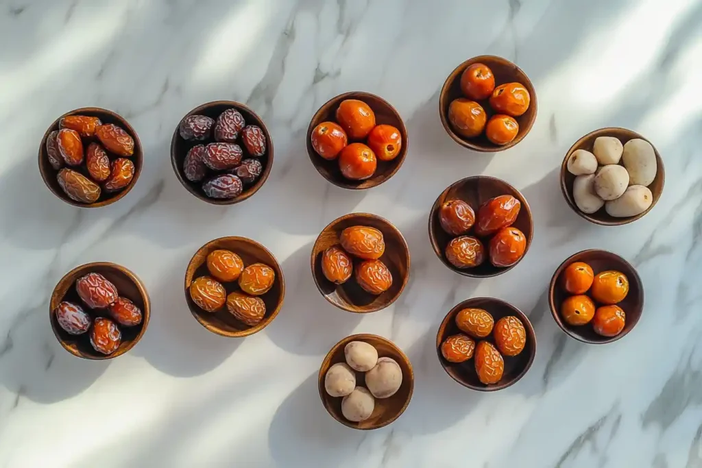 Variety of date palm dishes on white kitchen marble.