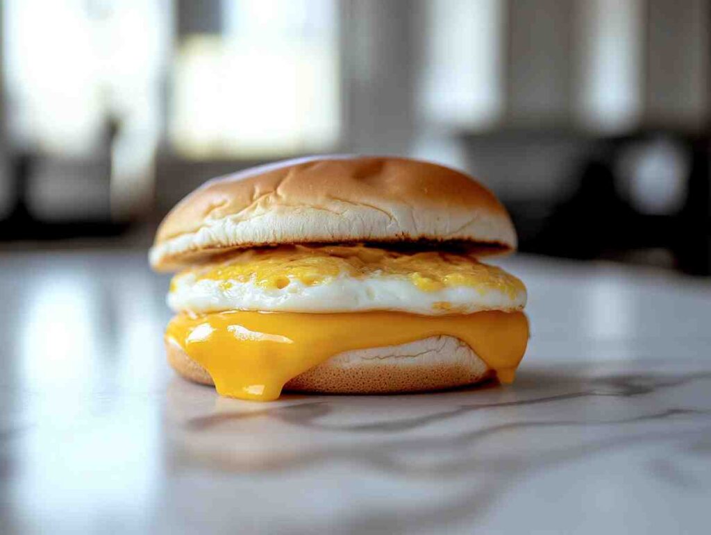 Close-up of Egg and Cheese Sandwich on White Marble Countertop.