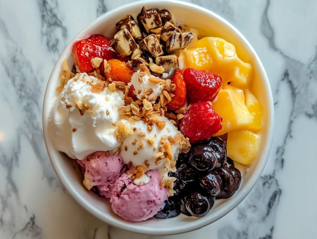 Fresh fruits being added as froyo toppings.