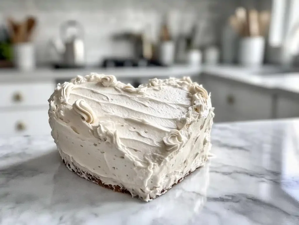 Freshly baked heart shape cake on marble kitchen counter