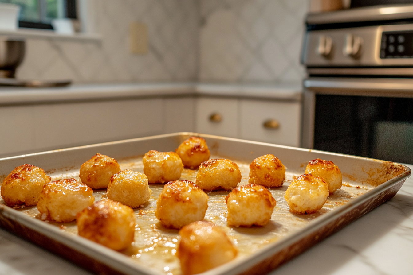 Freshly baked pizza bites on a baking sheet, white marble countertop.