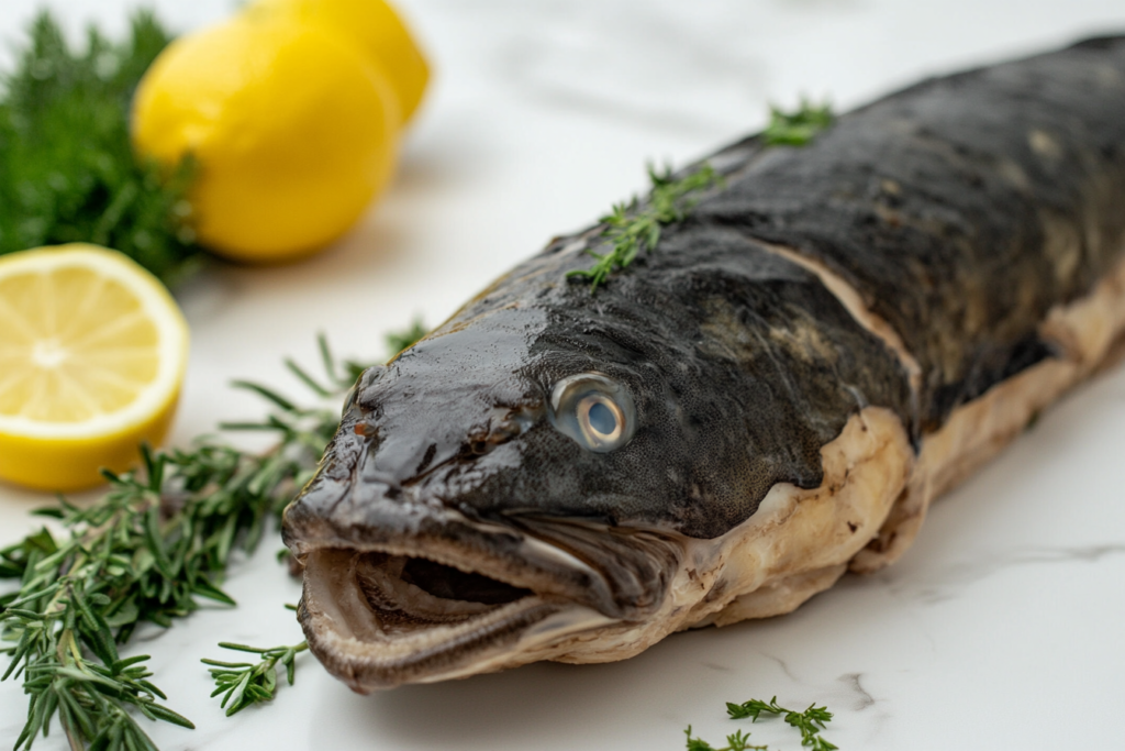 Cooked whole loup de mer on white kitchen marble.