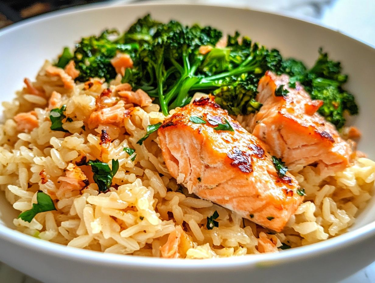 Fresh salmon rice pilaf with broccoli rabe in a white bowl.