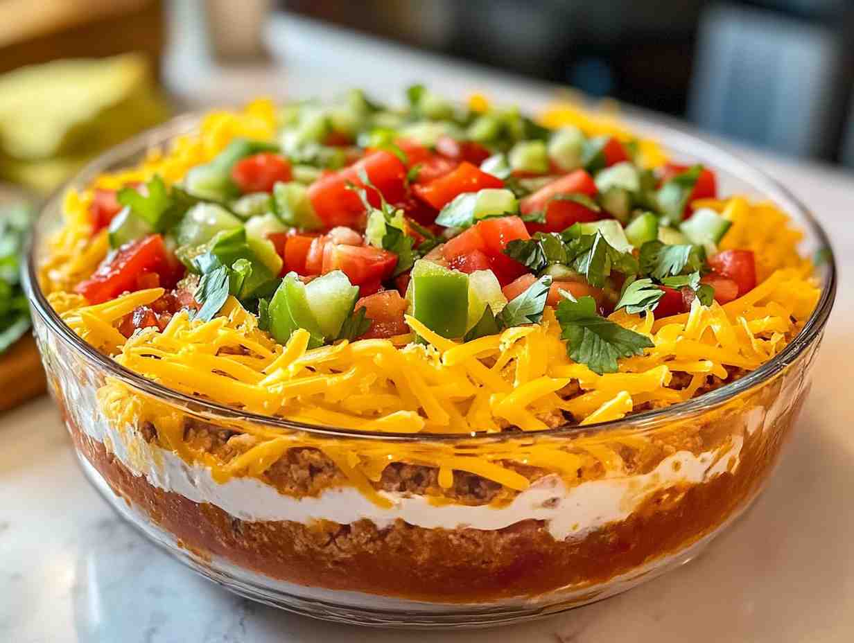 Close-up of Seven-Layer Dip on White Marble Countertop.