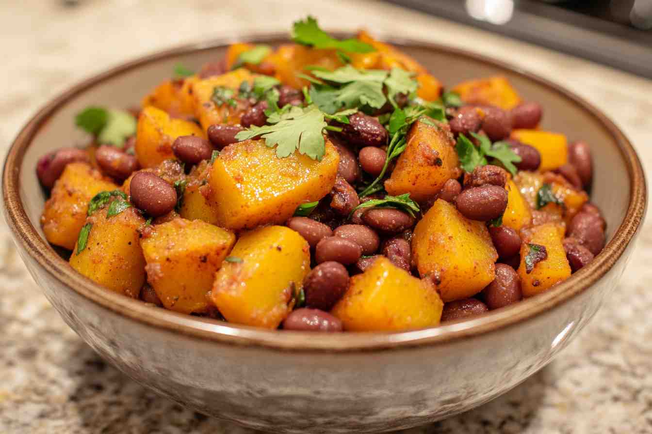 Bowl of cooked squash and kidney beans.