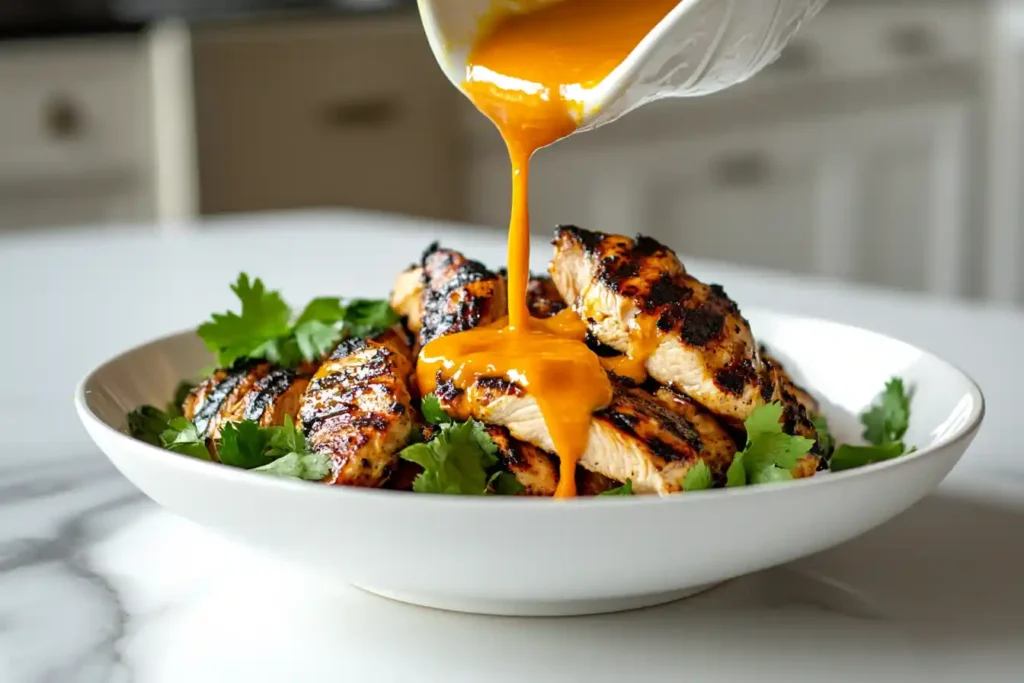 Creamy mango habanero sauce is poured onto grilled chicken.