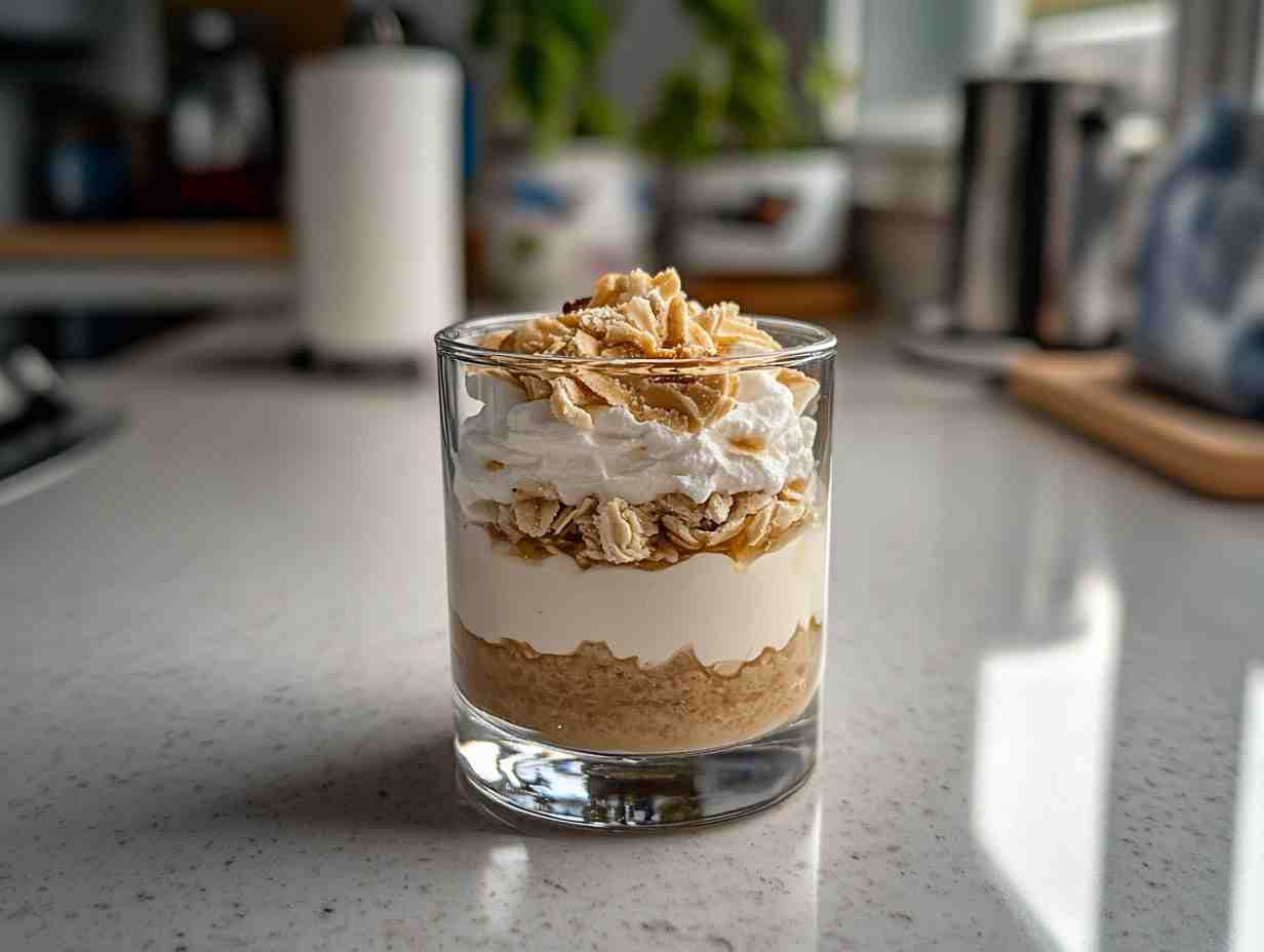 Vanilla parfait in a clear glass, showing layers. Title: Elegant Vanilla Parfait