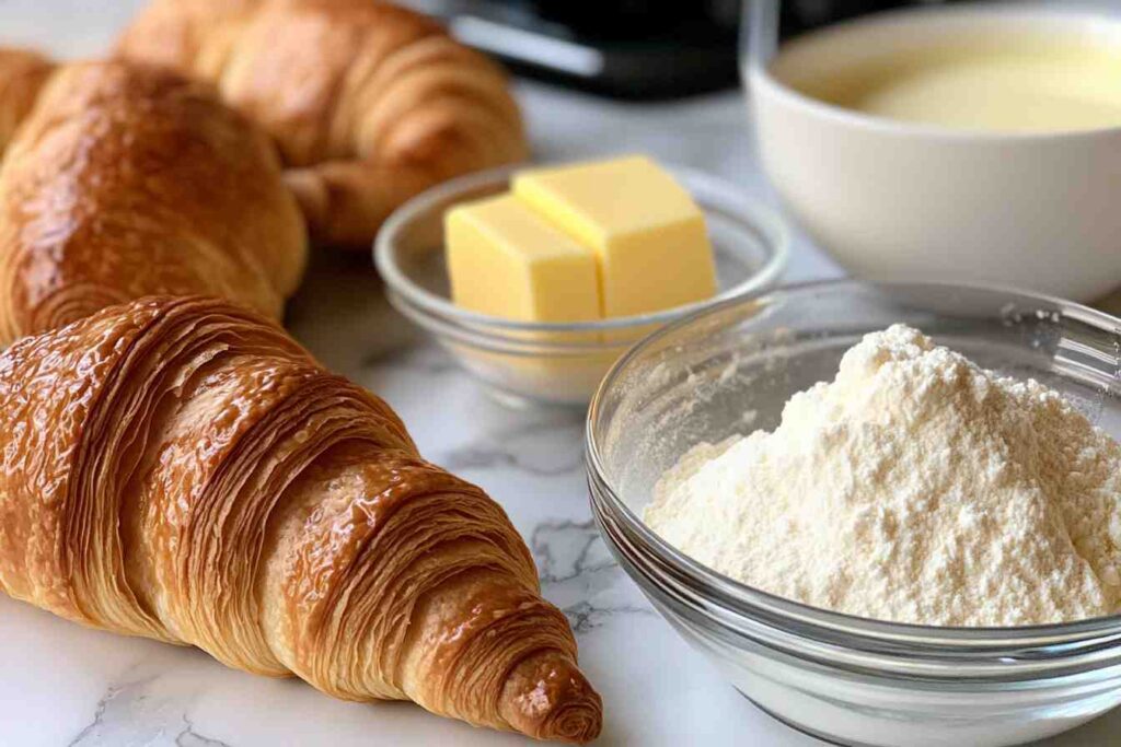 Mini croissant ingredients on a marble countertop.