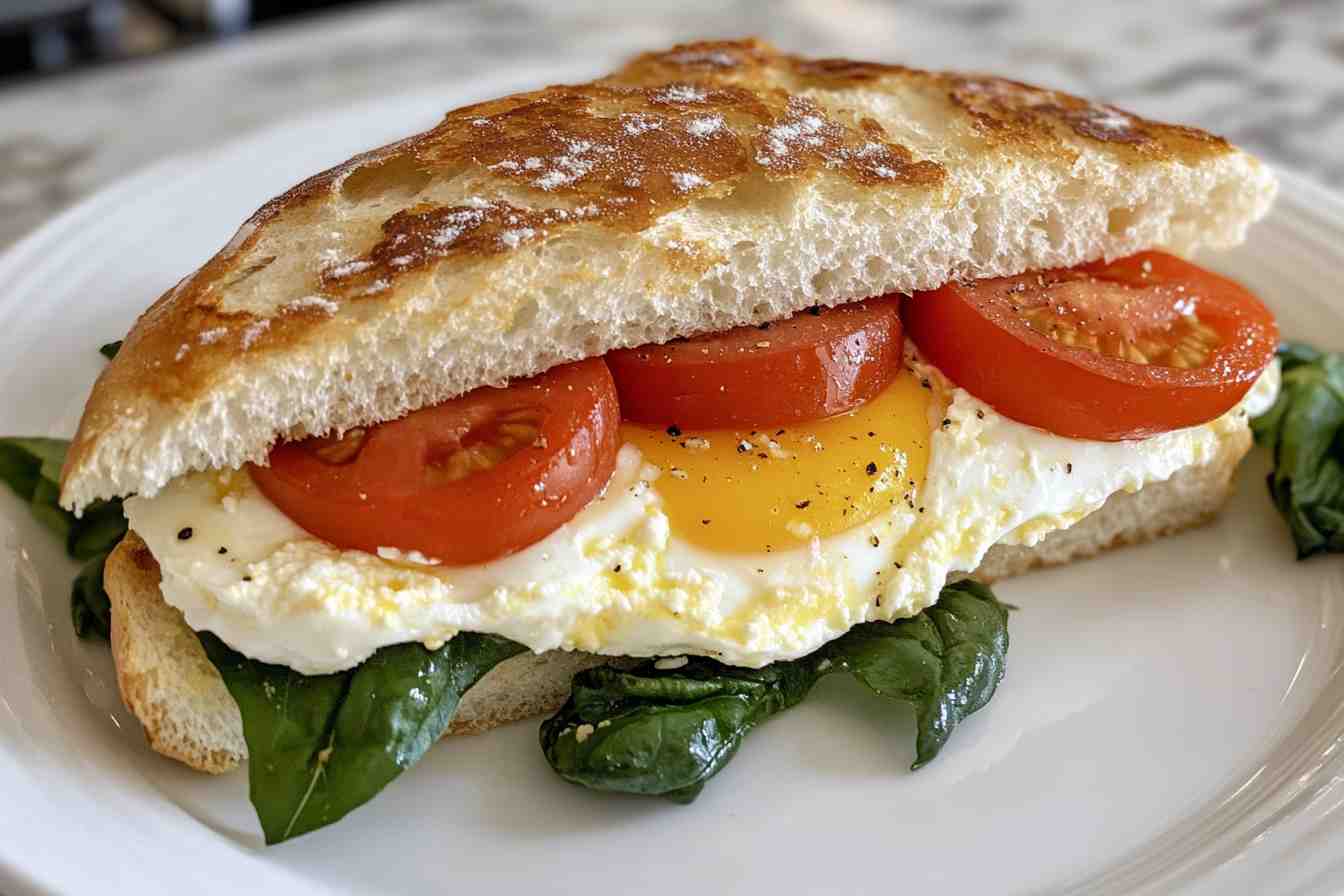 A delicious eggs and ricotta sandwich on a plate with a white marble background.